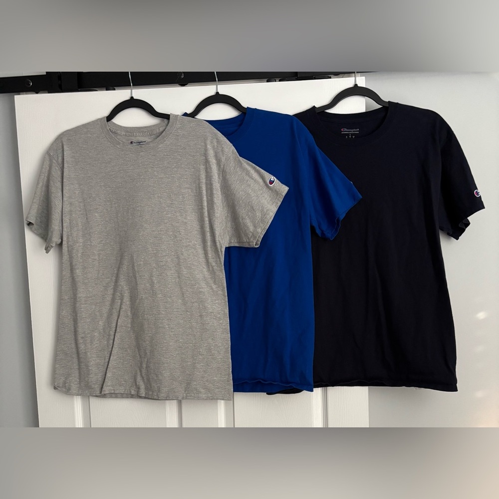 👕 3 Champion Authentic Athletic T-Shirts - Gray, Blue, and Black, L